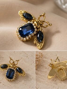 Luxury Gold Bee Brooch with Deep Navy Blue Stones - Women Jewelry